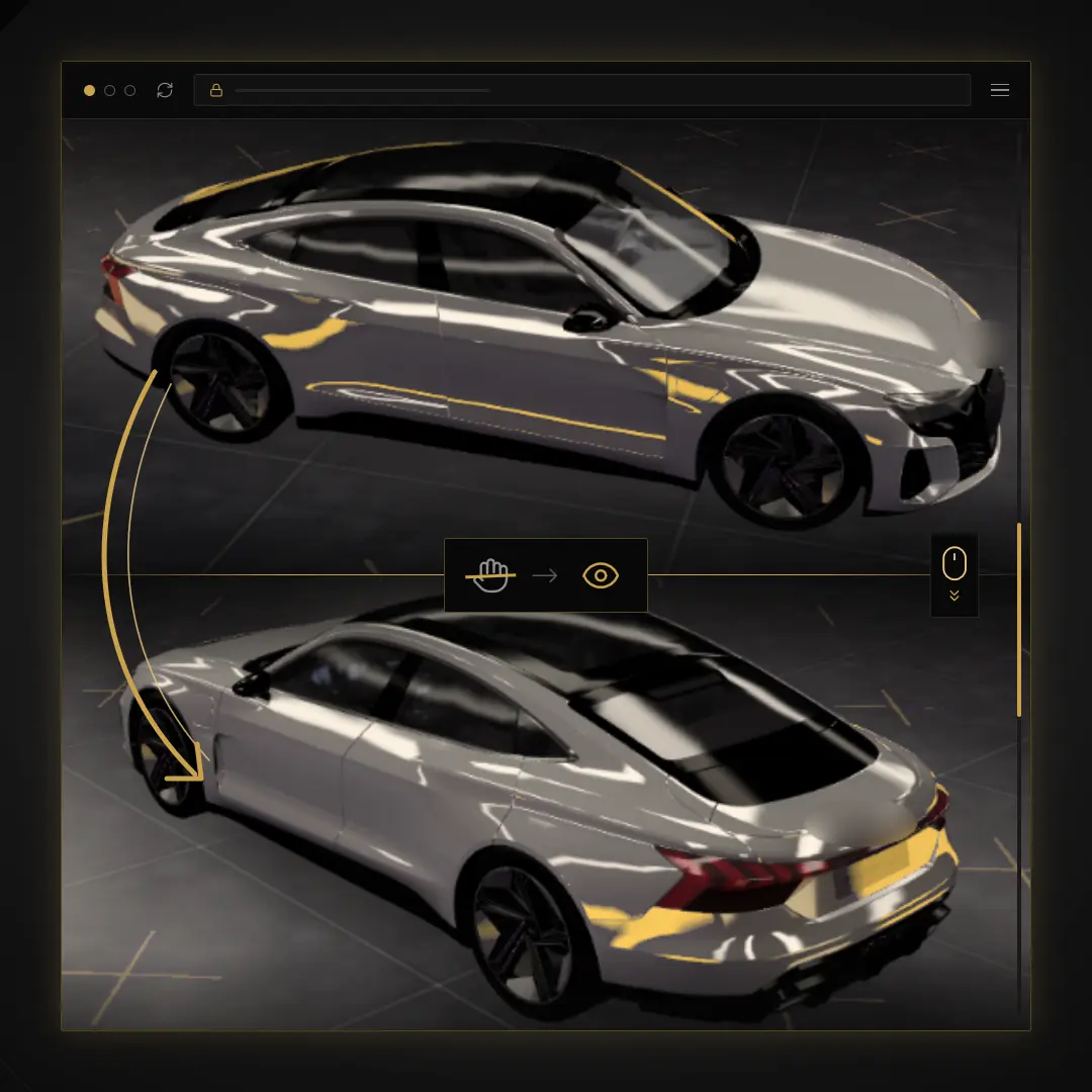 A 3D car model inside a website window, seen from two angles as the visitor scrolls down the page