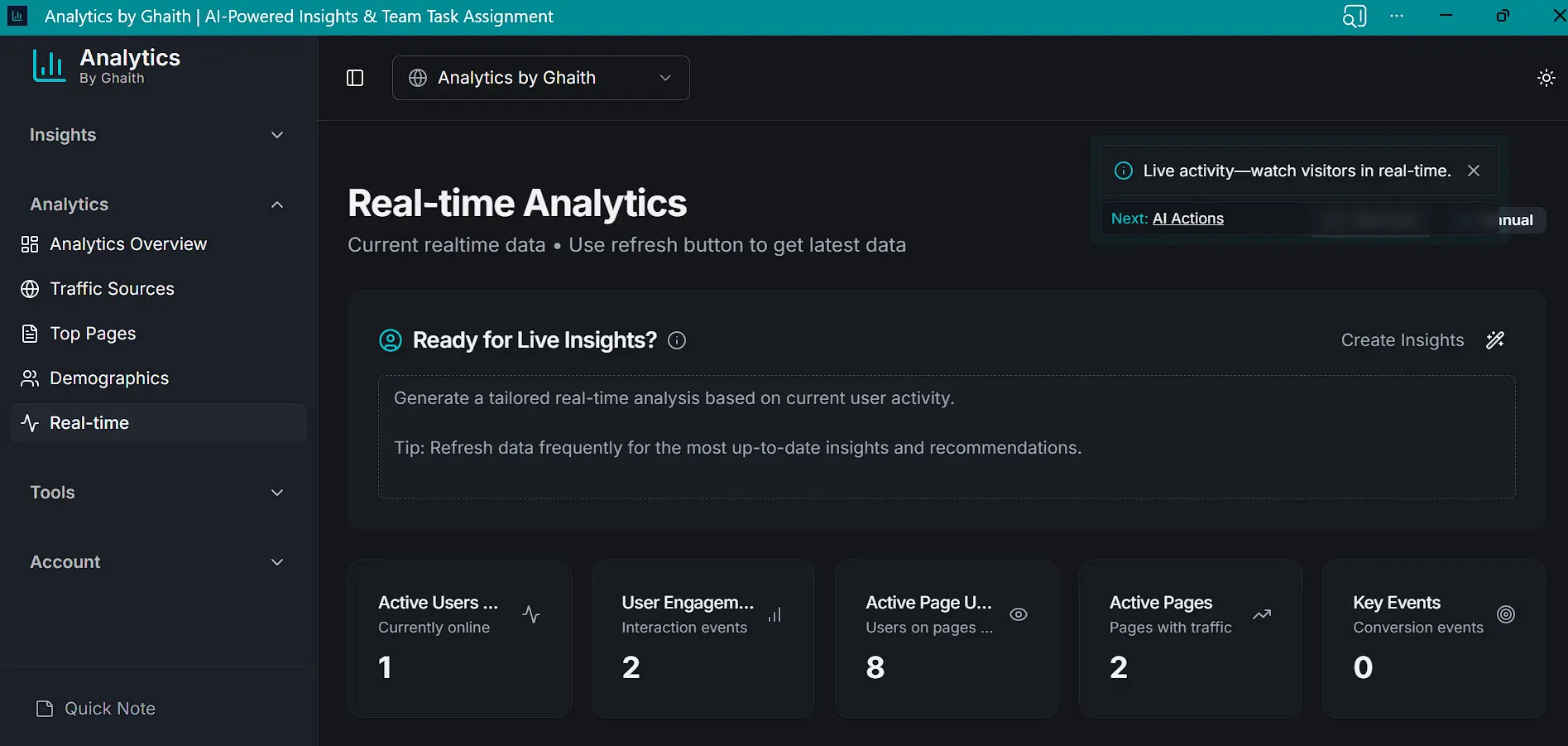 Live Active User Tracking and Real-Time Engagement Dashboard