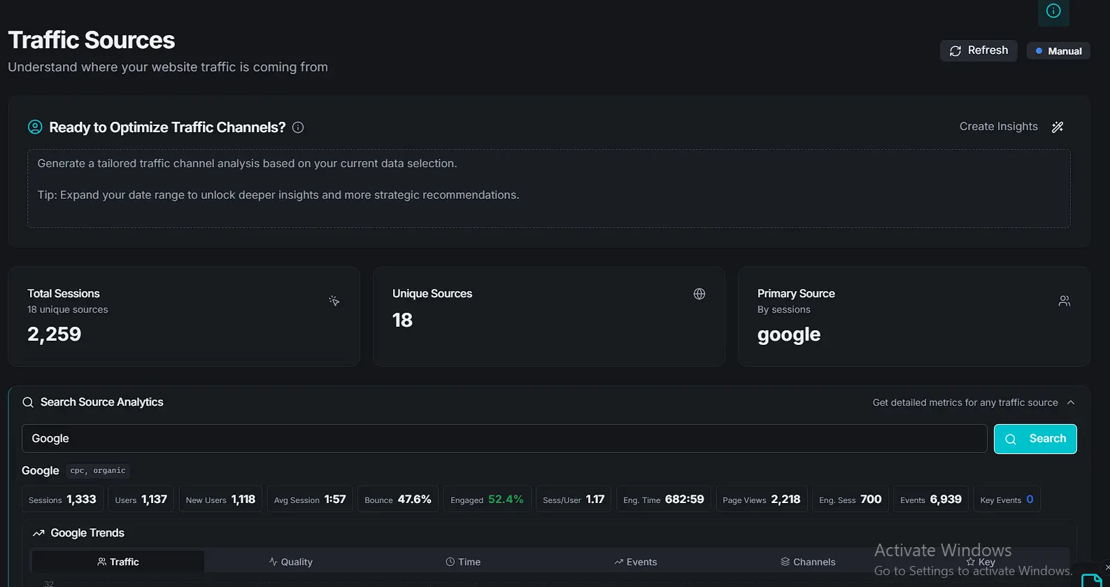 Traffic Engagement and Bounce Rate Summary Cards